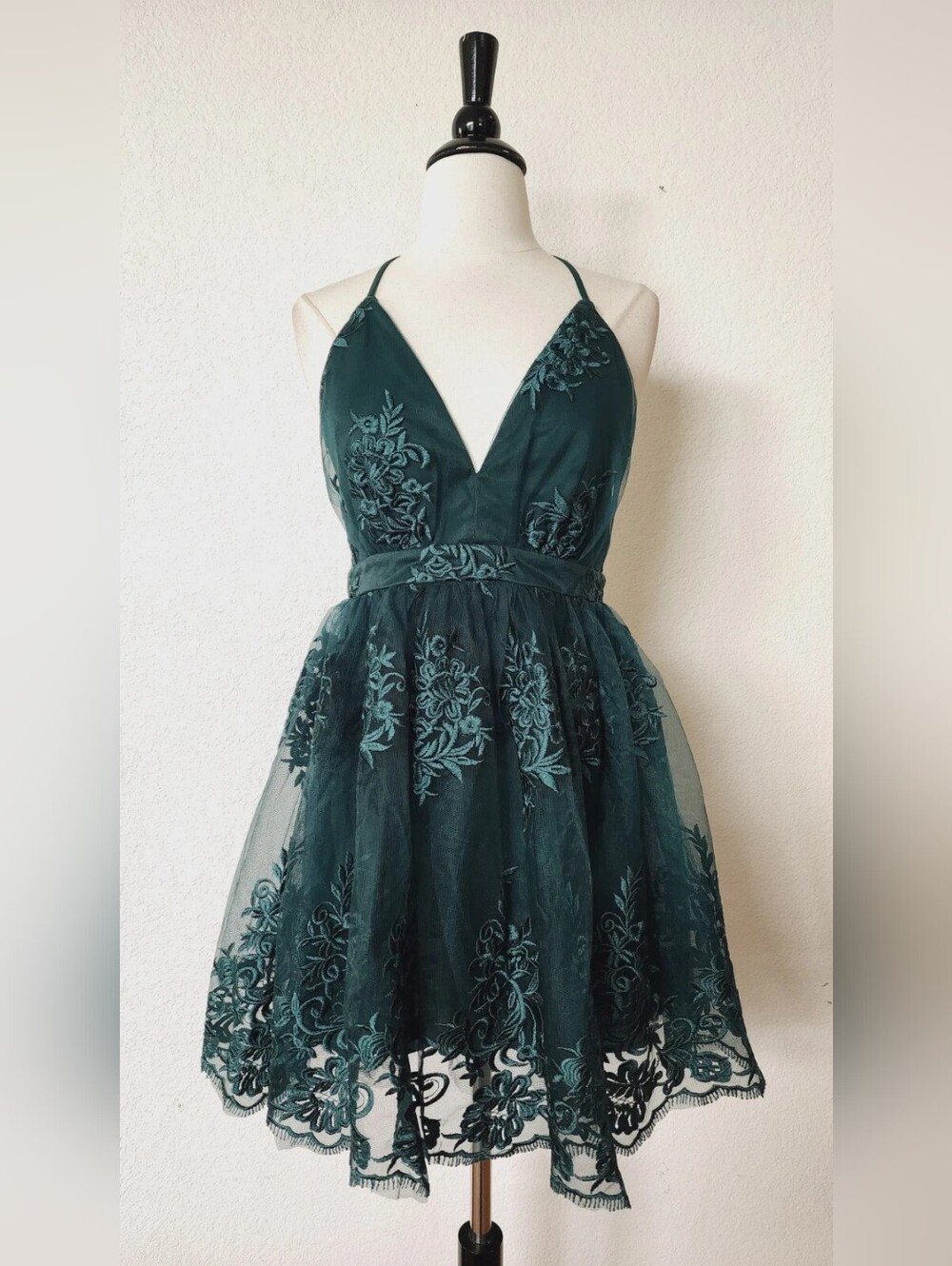 Women's Deep Teal Embroidered V-Neck A-Line Dress